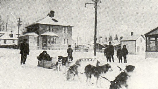Rabbitskin dog team showing Anton Johnson home in the background.