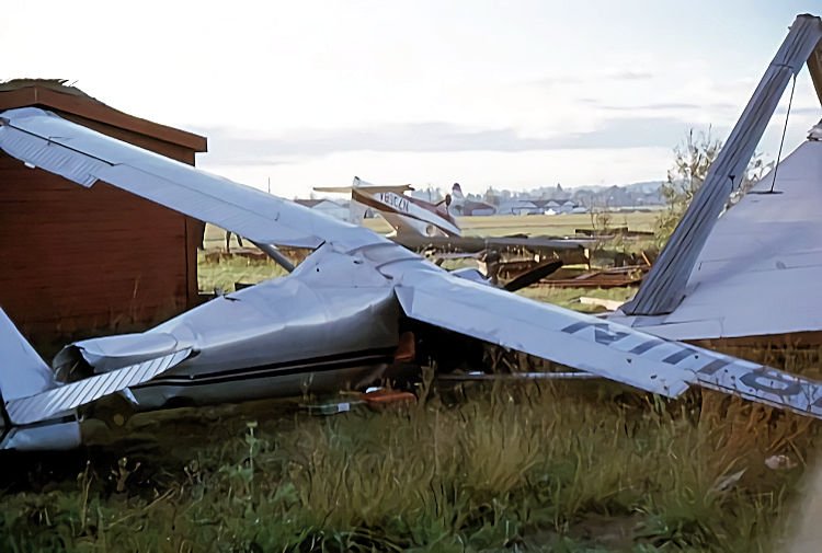 Aircraft damaged by high winds.