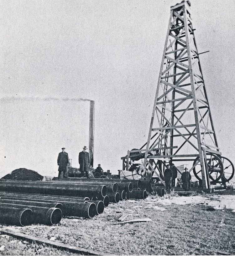 Drilling a gas well near Maple Creek, about 1908. The Maple Creek Gas, Oil and Coal Company Limited was incorporated in 1907..