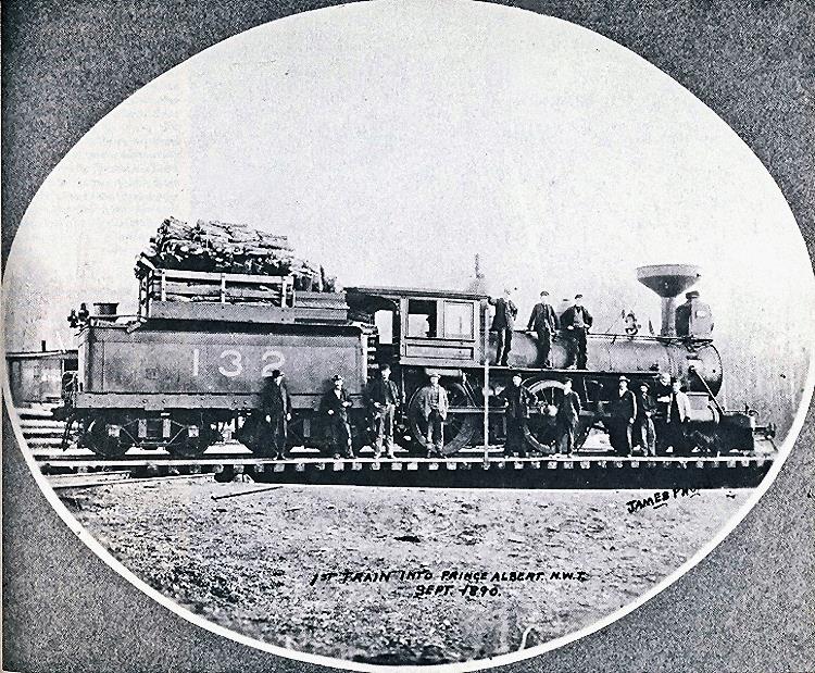 The first train into Prince Albert, 5 September 1890. This railway was built with a federal land grant of 6,400 acres per mile and a subsidy totalling $1,000,000.